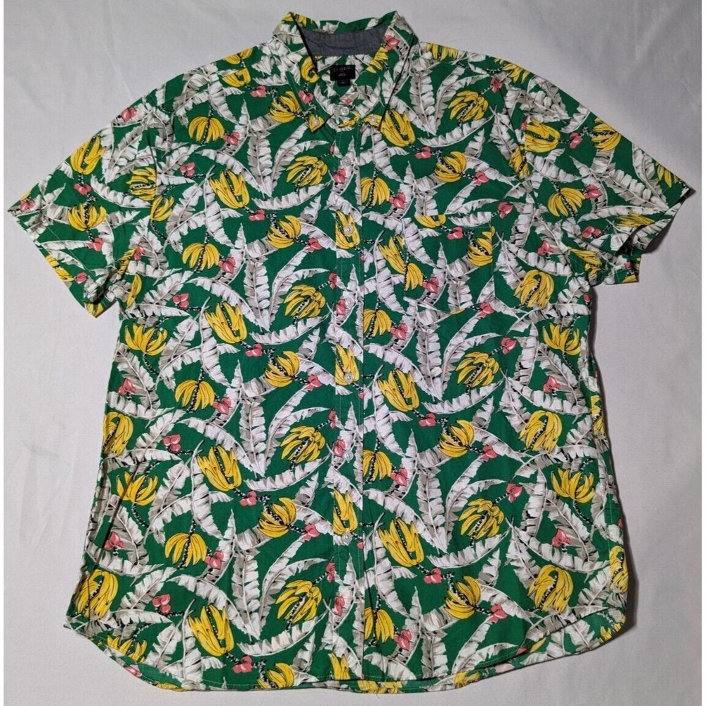 J. CREW BANANA AOP Men XL Green Yellow Short Sleeve Button Camp Shirt EUC